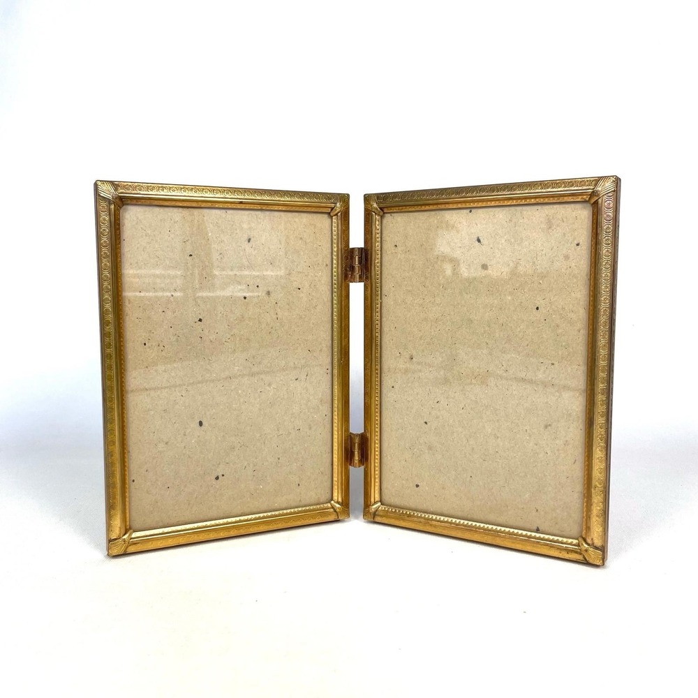 Ornate Gold Tone Hinged Double Picture Frame 7x5 Glass Folding Tabletop